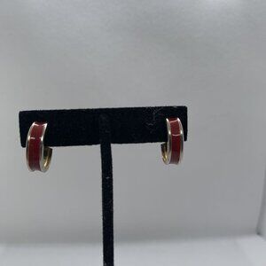Gold-Tone & Red Enamel Hoop Clip on Earrings